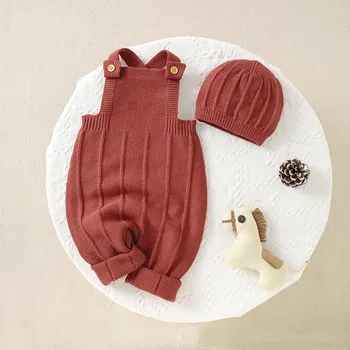 Autumn And Winter Infants Toddlers Solid Color Jumpsuit Baby Clothing Climbing Suit With Hat Knitted Suit Clothes For 0-18Months 2