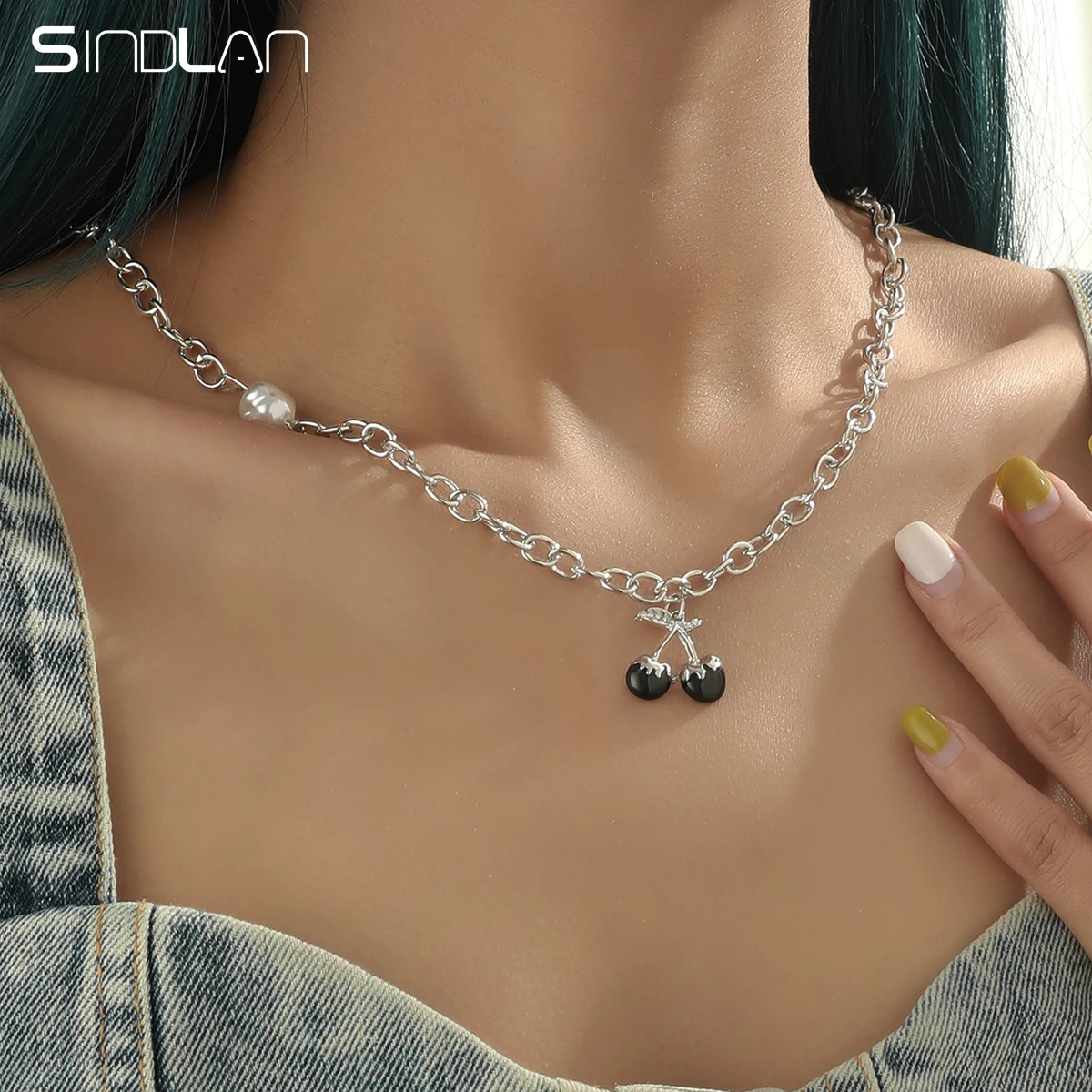 Sindlan Punk Silver Color Chain Pendant Necklace for Women Kpop Goth  Stainless Steel Cubic Zirconia Femlae Y2k Emo Jewelry Colar