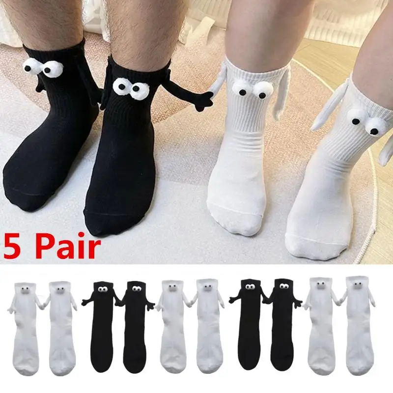5Pair Kawaii Women Socks Long Sock Black White Couple Holding Hands Socks Girls Sweet Harajuku Doll Couple Cotton Couple Sox