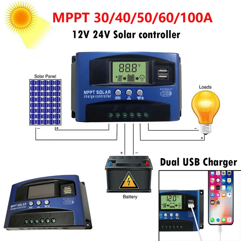 MPPT ¾籤  Ʈѷ,  USB LCD ÷, ¾  г  ַ,  , 30A, 40A, 50A, 60A, 100A, 12V, 24V