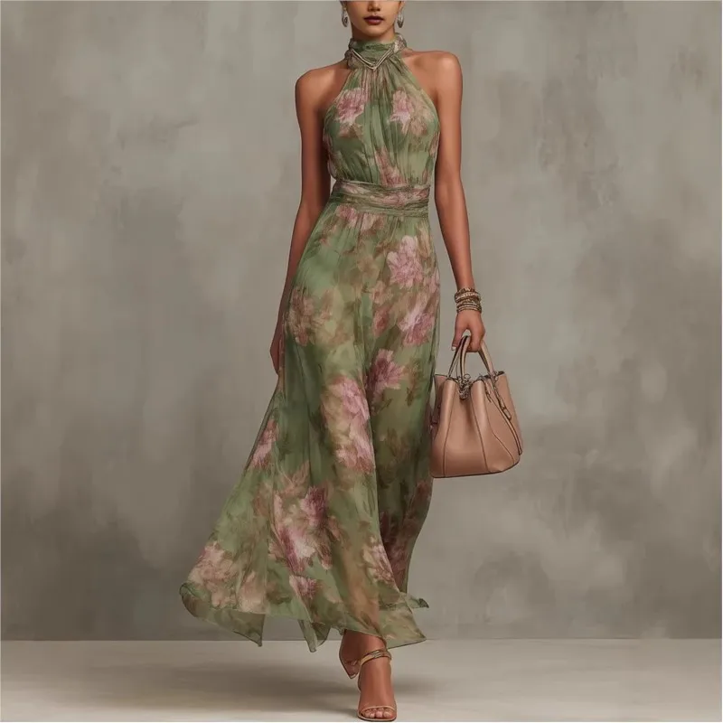 Robe longue de soirée fluide en mousseline verte à imprimé floral pour femme, col halter, sans manches, taille froncée 1 Robe longue de soirée fluide en mousseline verte à imprimé floral pour femme, col halter, sans manches, taille froncée 1