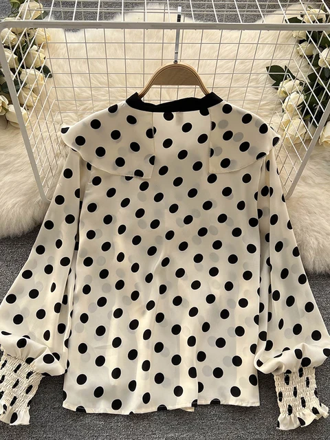 Spring and Autumn New Fashion women Polka Dots printing chiffon Shirt  Epaulet Long sleev…