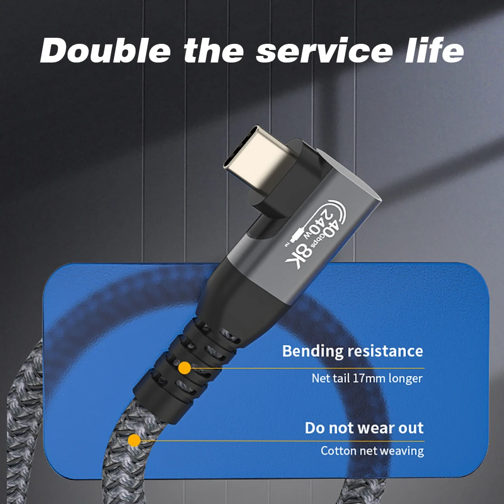 Thunderbolt USB 4 90도 각도 케이블 40Gbps USB4 팔꿈치 유형 C Thunderbolt3 4 데이터 전송 케이블 USB C PD240W 고속 충전