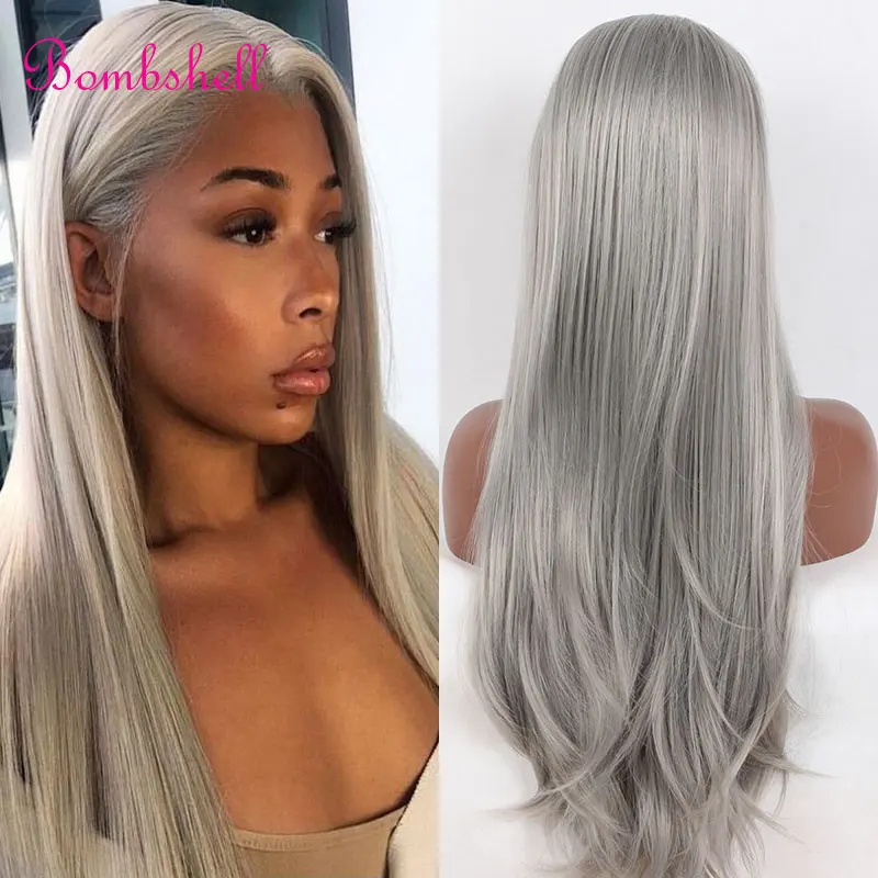 

Серебристо-серый прямой синтетический 13X4 кружевной передний парик без клея из термостойкого волокна естественный волос без разделения для модных женщин