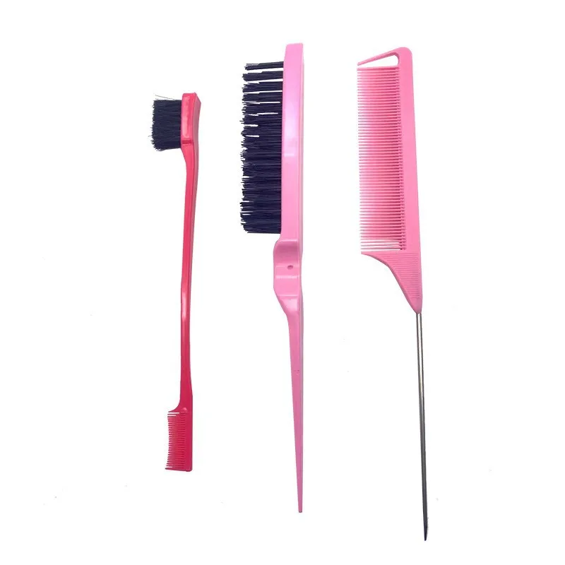 3 pack Edges Brush With Comb End Set for Hair Styling Pink