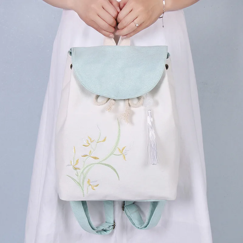 Canvas Chinese Style Embroidery Floral Women's Travel Fashion Backpack Female Cloth Sack Kids Book Pouch Bolsa Bolso For Girls