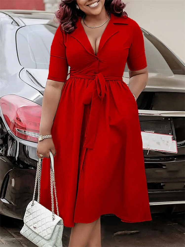 Wmstar Summer Dresses Women Fashionable Suit Collar Short Sleeved Solid Color Waistband Large Hem Dress Wholesale Dropshipping