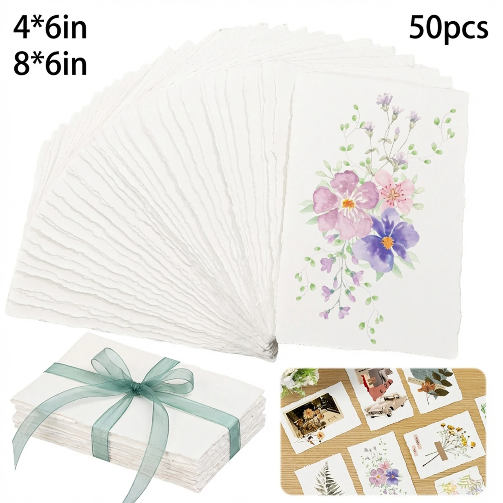 50매 수채화 용지 300gsm 수제 데클엣지 두꺼운 질감 용지 (수채화, 청첩장, 카드, 공예용)