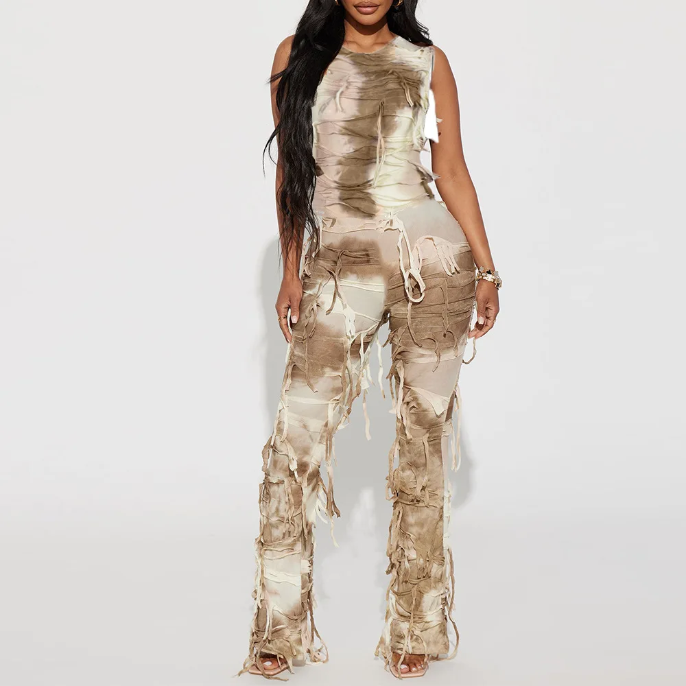 Tie Dye Tassel Mesh Elegant Jumpsuit Women Y2k Sleeveless One Piece Outfit 2023 Summer Fashion Pant Sexy Female Luxury Jumpsuit 2023 women guipure lace spaghetti strap sheer mesh jumpsuit summer sleeveless floral one piece pants suit elegant female clothes