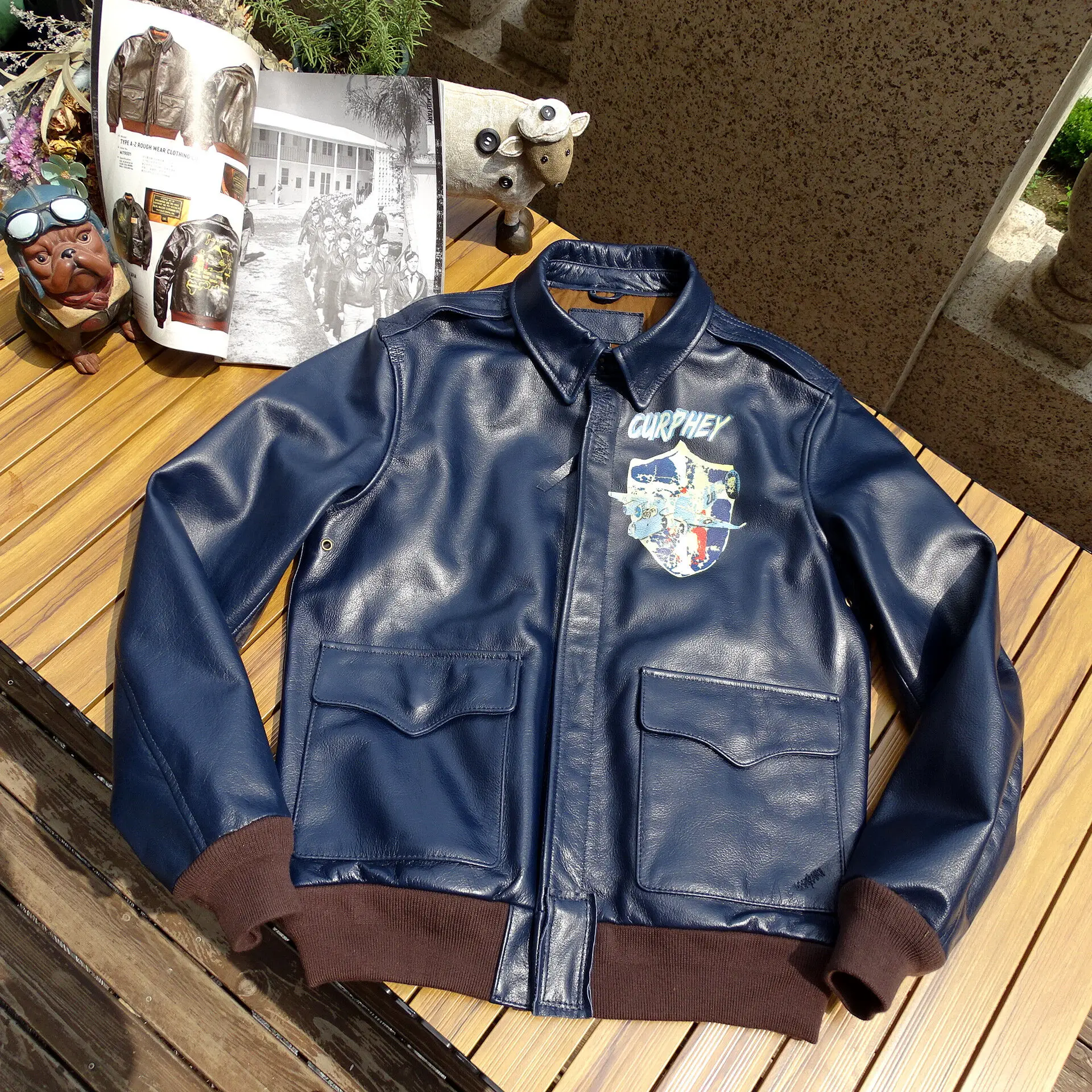 Description Picture 2 of itemA2 Flight Leather Jacket Cowhide Print Distressed Slim Fit Military Style Vintage Clothes for Men