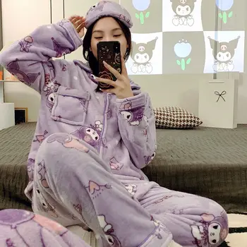 Kuromi Women's 2025 Plush Thermal Flannel Pajama Set Fall Winter Cartoon Sweet Long Sleeve Cozy Warm Home Loungewear