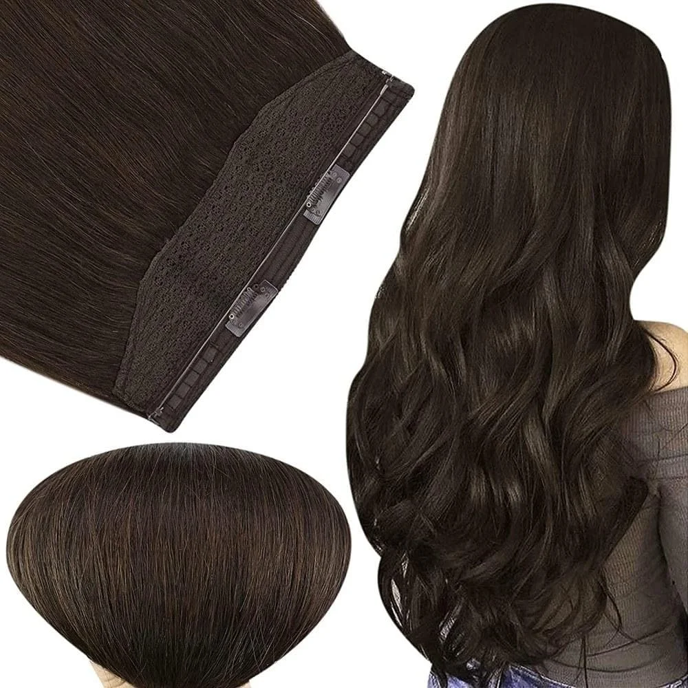 LaaVoo Fishing Wire Hair Extension 100% Straight Natural Real Brazilian Hair 12-20inch Fish Line Wire Hair Extension For Women