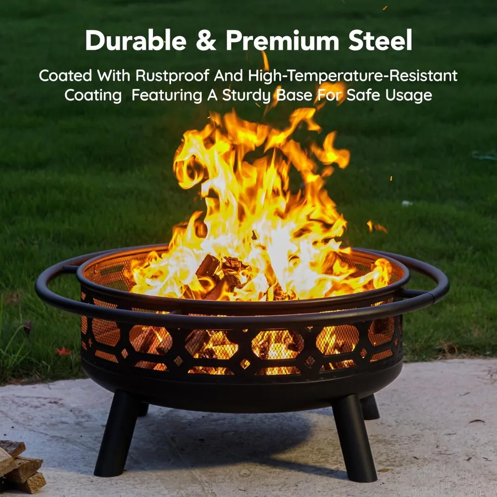 36 Inch Fire Pit, Outdoor Wood Burning Firepit with Removable Grill & Poker, Heavy Duty Metal Round Fireplace,2 in 1 Large Bonfi