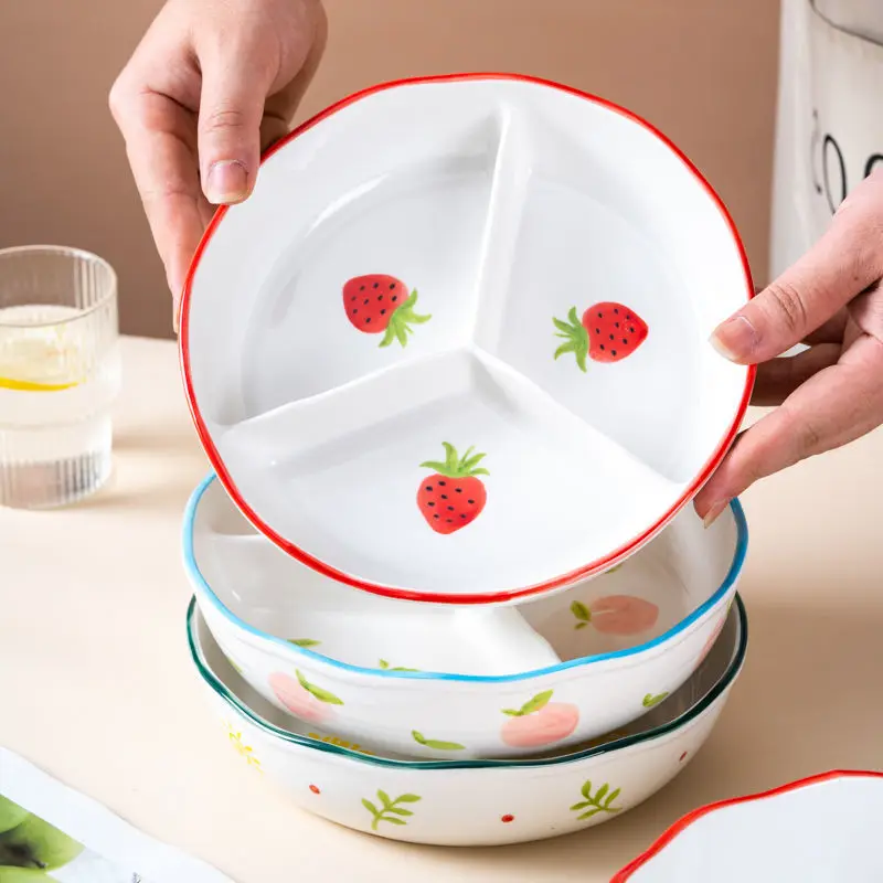 

Керамическая глубокая тарелка может быть покрыта крышкой, можно использовать для микроволновки, фруктовая детская тарелка для обеда, тарелка с тройной сеткой для уменьшения жира