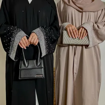 2025 Saudi Arabia Pearl Muslim Modest Cardigan for Women Eid Dubai Kimono Abaya Dress Luxury Islam Turkey Party Coat Clothing