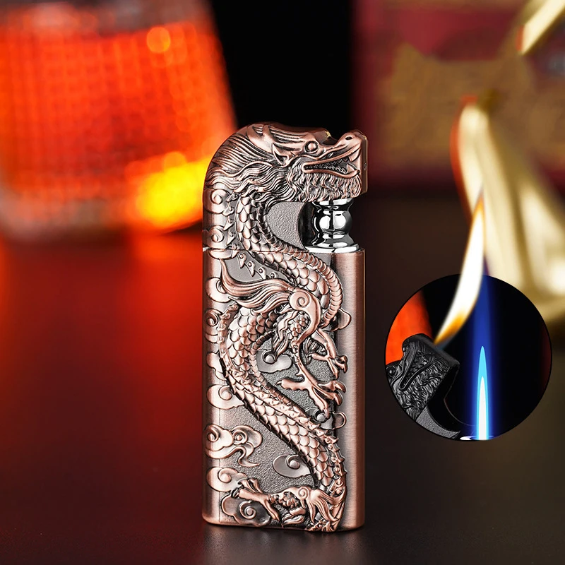 Dual Flame Direct Conversion Open Flame Inflatable Lighters with Metal Three-Dimensional Relief Dragon bbq lighter,butane gas lighter,kerosene lighter