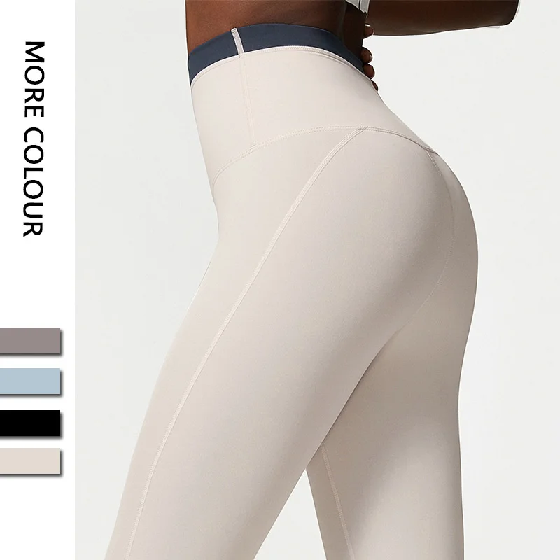 

Nude high waist yoga pants women's anti-rolling sports tights elastic fitness nine-point pants