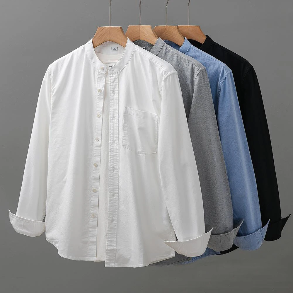 

Heavy Cotton Oxford Shirt Men's Long Sleeve Spring White Stand Collar Shirt Round Neck Shirt Jacket