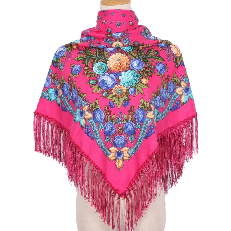 New Ethnic Style Headscarf hijabs for woman Scarf Muslim Print Tassel Shawl Middle-aged and Elderly Warm bandana Square Scarf 2