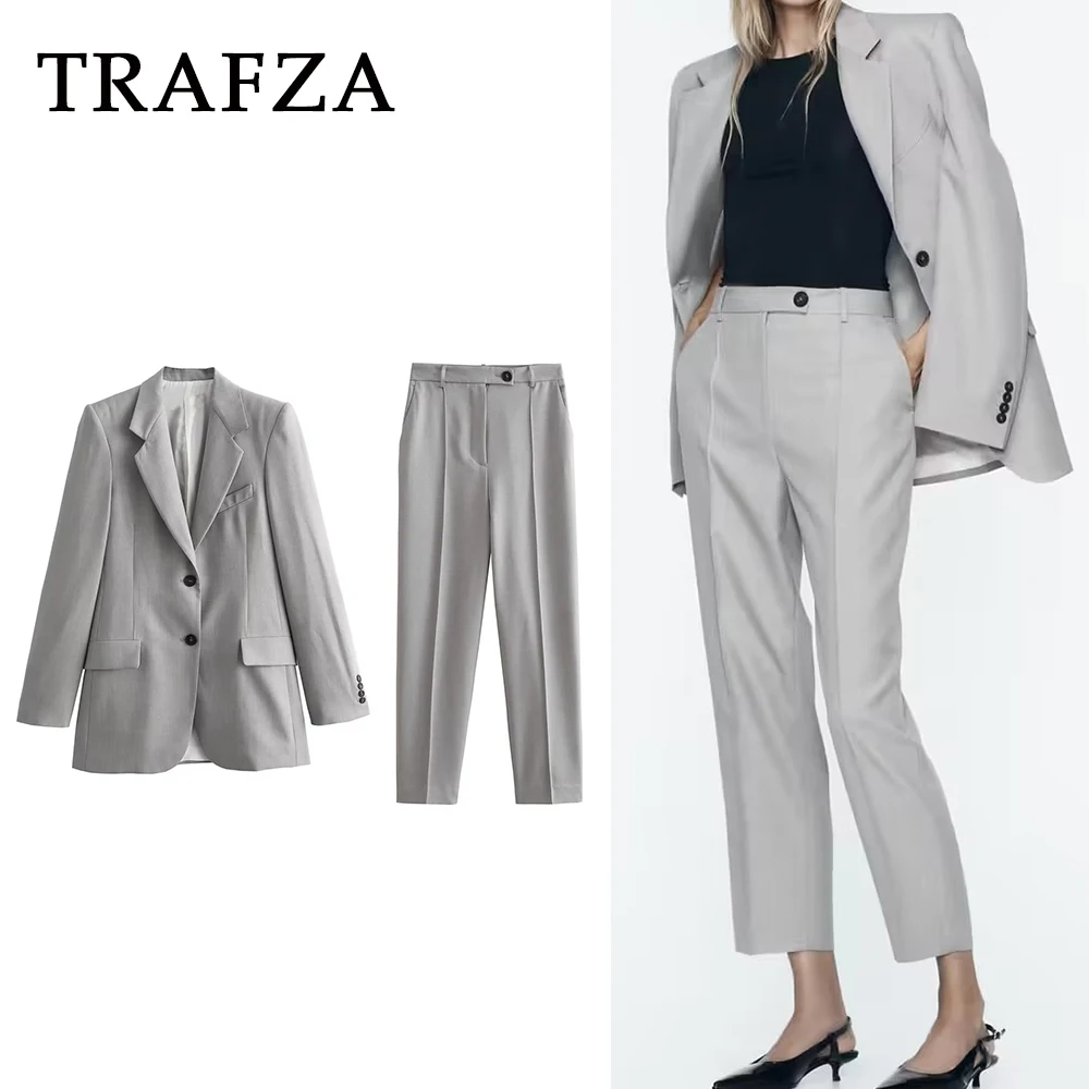 

Женский офисный костюм TRAFZA, однотонный однобортный свободный костюм, блейзер на молнии со складками и брюки на пуговицах, Осень-зима 2023