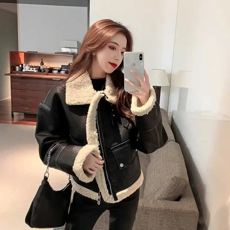 

Women Coat Winter Jacket Lambswool PU Faux Leather Coat Loose Casual Warm Thicken Locomotive Female Chic Pu Outwear