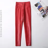 Women's Slim Sheepskin Leather Pants mid Waist Skinny Pencil Pants for Spring And Autumn