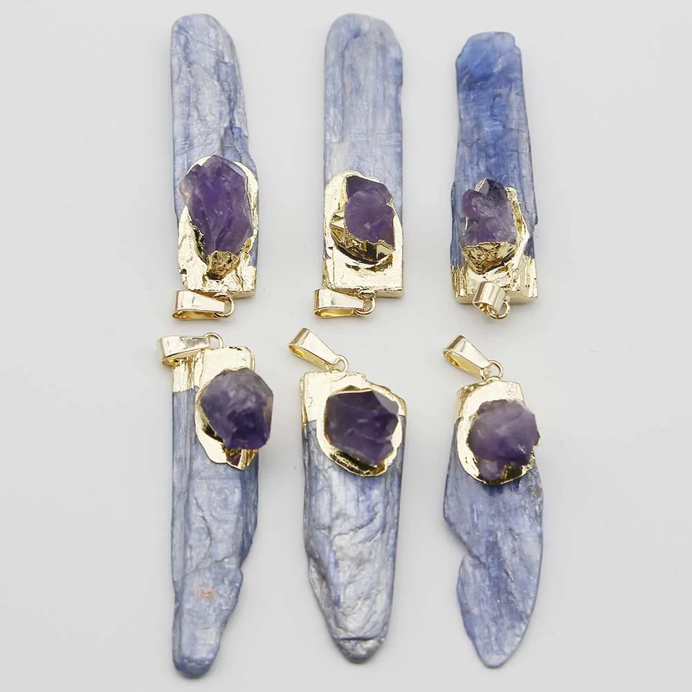 Natural Stone Blue Crystal Irregular Strip Necklace Pendants Amethyst Gold Plated Fashion Diy Jewelry Accessories Wholesale 8Pcs