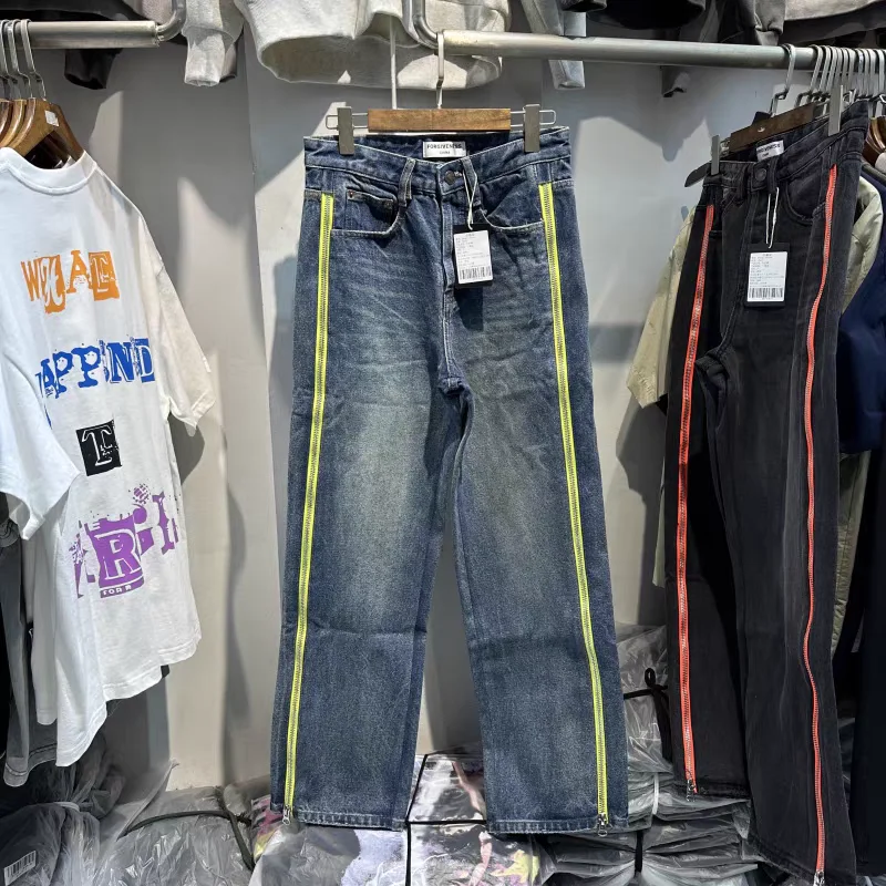 

Forgiveness Retro Washed Denim Pants With Oversized Side Zipper Patchwork For Couples Casual Pants