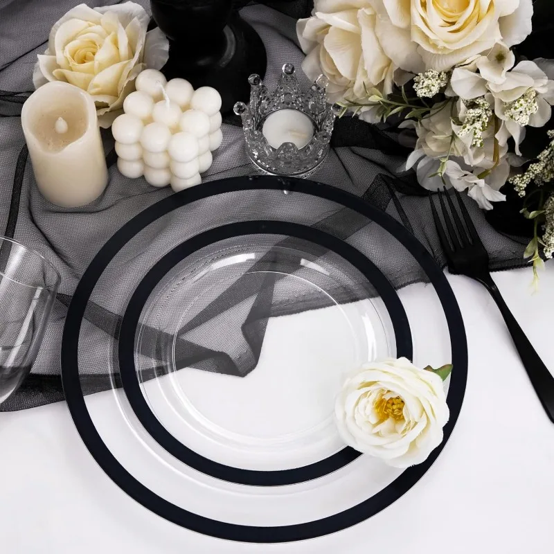 120pcs Clear and Black Plastic Plates Black Plates Disposable Including 60 Dinner 10.25'' & 60 Dessert 7.5'' party tableware disposable food trays