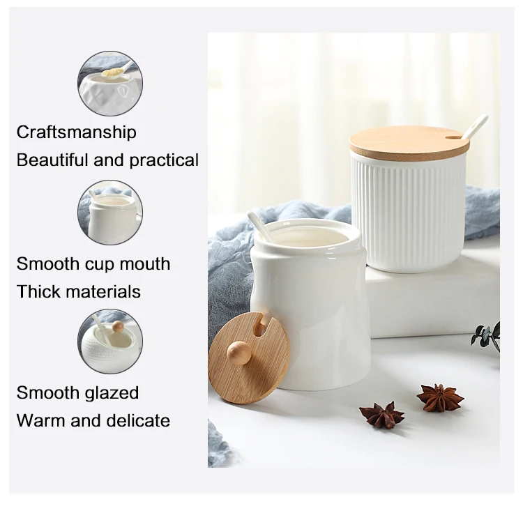 Seasoning Jar Ceramic Seasoning Jars with Wooden Lid Salt Shakers Kitchen Supplies Spice Organizer Canister Spoon Set Sugar Box