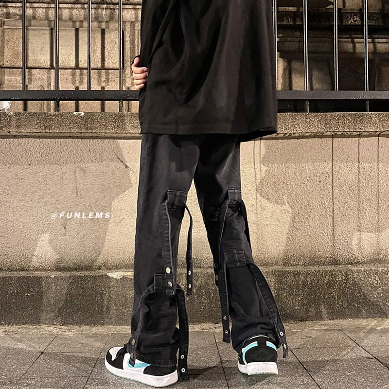 ICCLEK Autumn American Jeans Retro Loose Straight Pants High Street Jeans Bandage Jeans Men's Jeans Bell Bottom Jeans