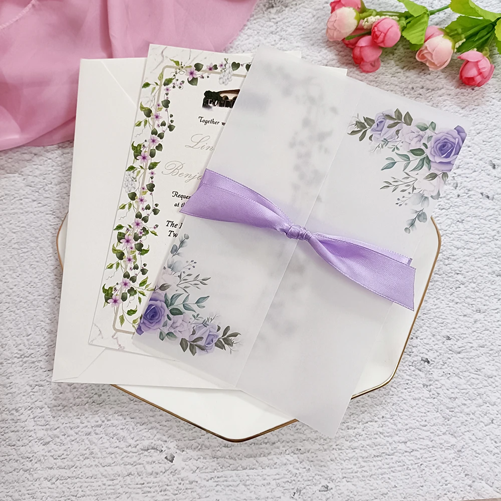 Tarjeta de invitación de boda personalizada con estampado de flores, 50  piezas, con cinta y sobre, invitaciones de cumpleaños DIY| | - AliExpress