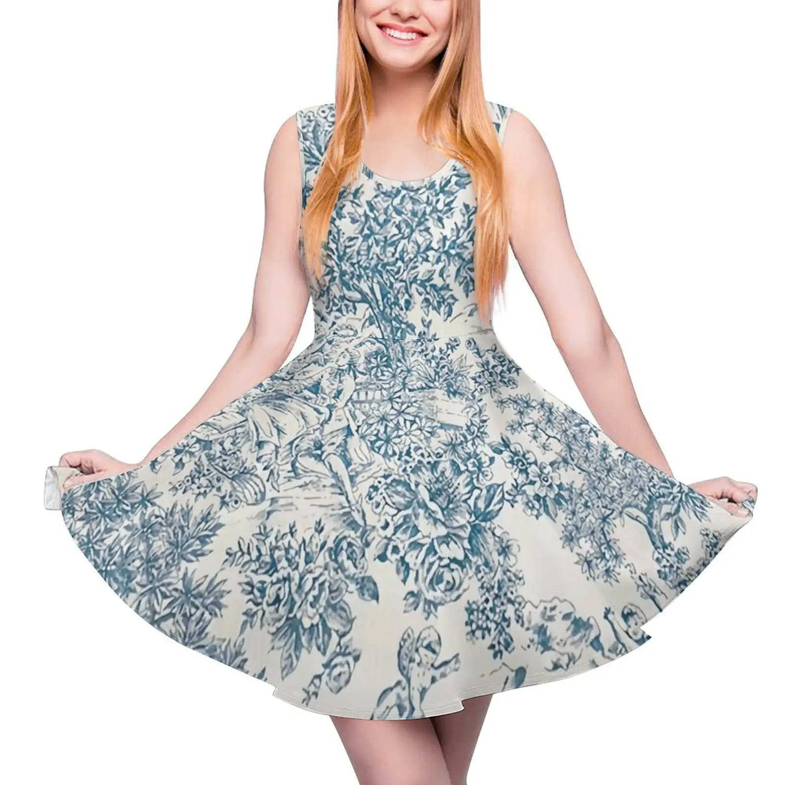 

Powder Blue Romantic Flowers French Toile Design Round Neck Dress loose women's dress Bride dresses