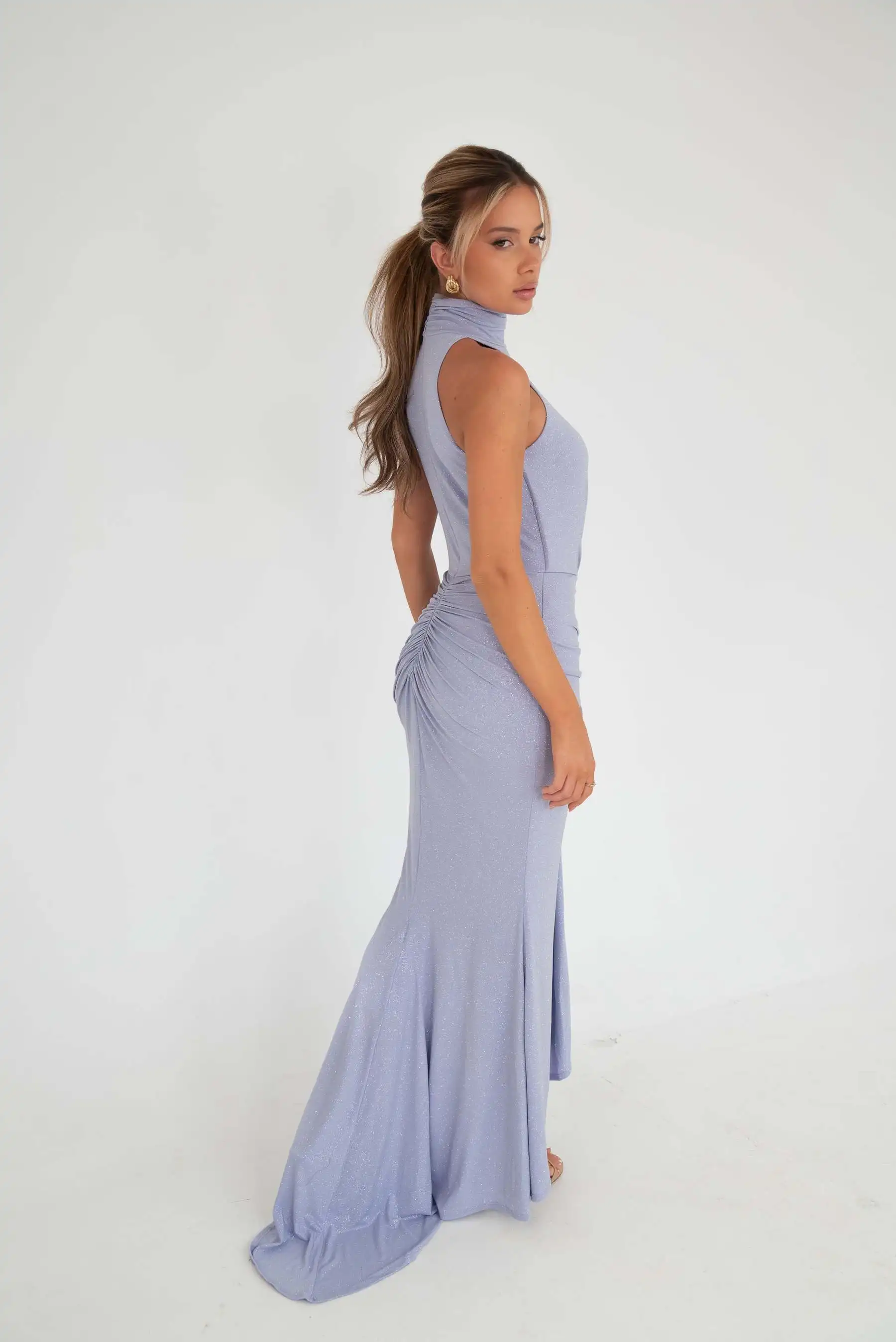 Elegant Sleeveless Elastic Tight Women Dress High Neck Bodycon Pleated Long Party Evening Dress AutumnWinter New Vestido