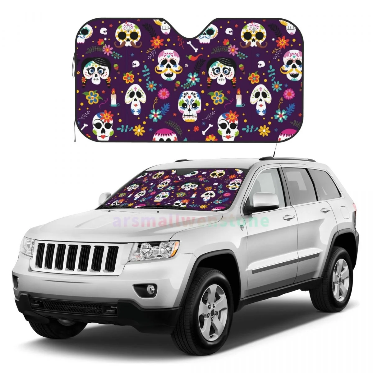 Day Of The Dead Car Reflective Sun Blocker Fits Small Sedans, Mini SUVs Standard Sunshade Car Accessories