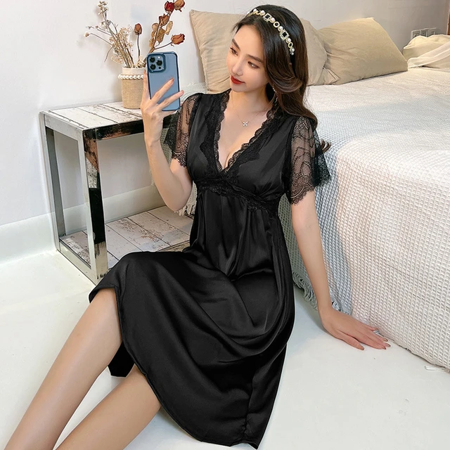 Sexy Women Sleepwear Silk Satin Short Sleeve Nightgown Robes Night Dress  Nightie