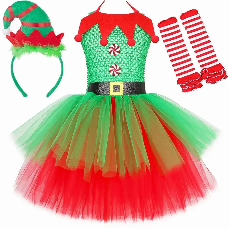 Disfraz de elfo navideño para niñas, conjunto de ropa navideña elegante para niños, vestido de tul con tutú de malla verde y rojo para fiesta de Navidad para niños, con gorro y calcetines