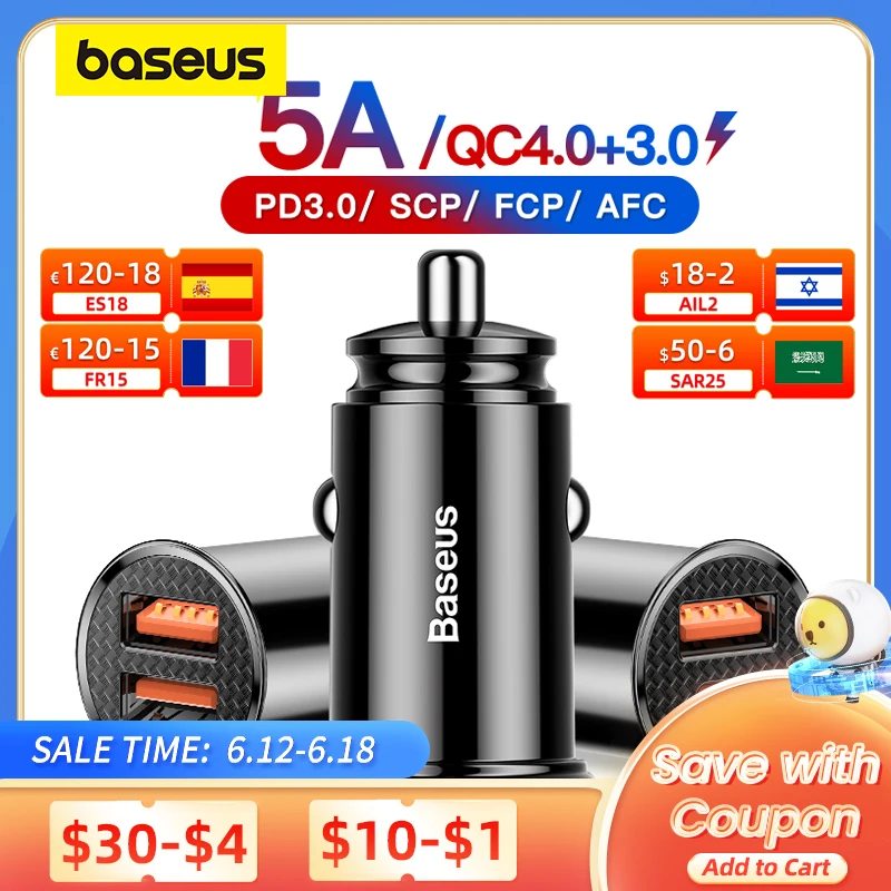 Baseus USB Car Charger Quick Charge 4.0 QC4.0 QC3.0 QC SCP 5A PD Type C 30W Fast Car USB Charger For iPhone Xiaomi Mobile Phone|Car Chargers| - AliExpress