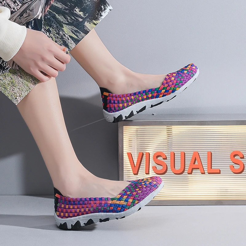 Casual Sneakers Women's Summer Handmade Woven Sneakers Flat Bottomed Lightweight Breathable Trendy Casual Shoes with Soft Soles Lazy Shoes
