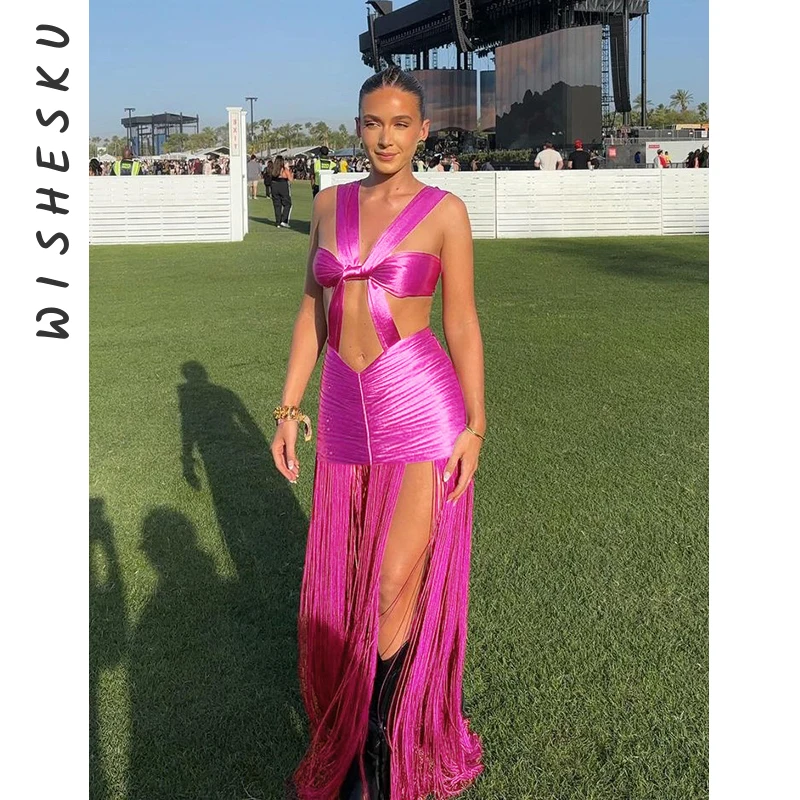 

Женское Макси-Платье с открытой спиной, розово-красное повседневное пляжное платье без рукавов с вырезами и кисточками, одежда в стиле Харадзюку Y2K на лето, 2024