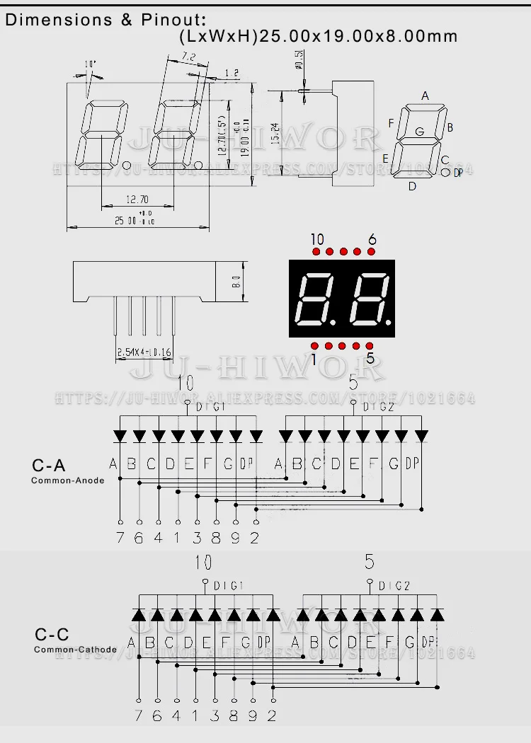 10pcs 10Pins 5202AG 5202BG 0.5 Inch 2 Digit Bits 7 Segment Yellow-Green Chartreuse led digital tube display Common Anode Cathode