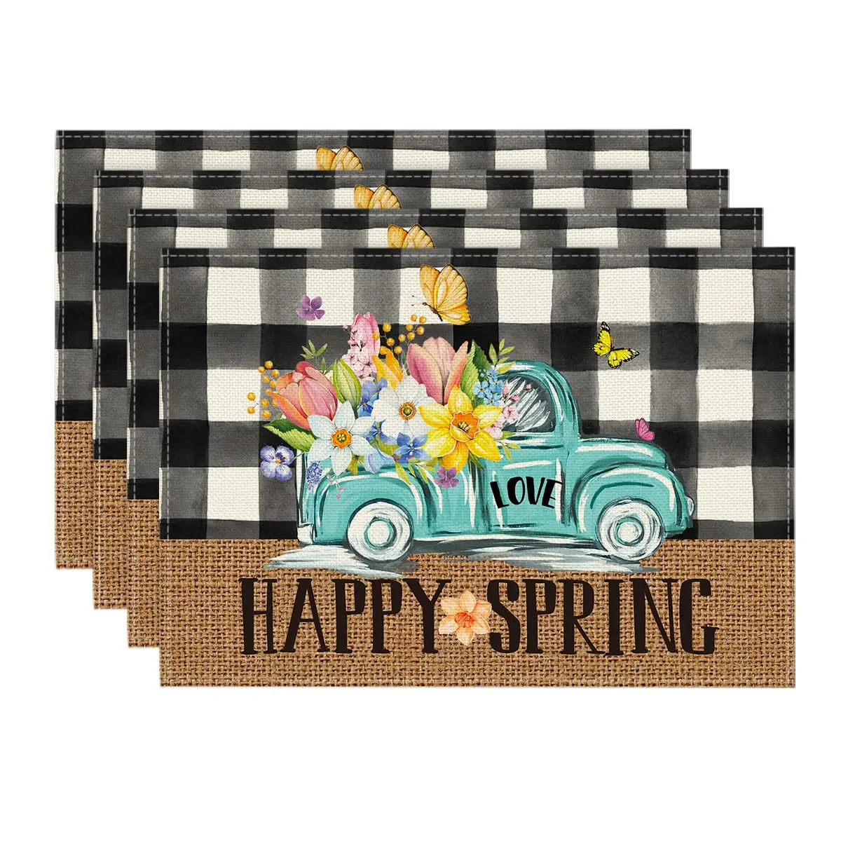 

Happy Spring Placemats Set of 4, 12x18 Inch,Truck Flowers,Seasonal,Easter, Summer, Holiday, Table Mats for Party, Kitchen Decor