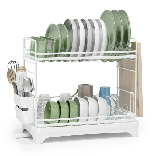 Drying Rack, 2-Tier Dish Drying Rack with Water Tray, Utensil