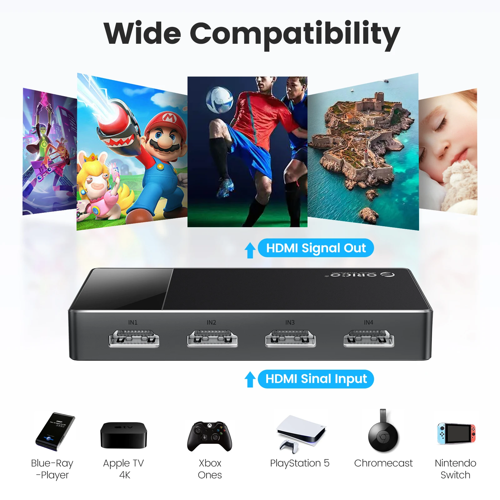 ORICO HDMI ȣȯ 2.0 ġ, IR  , TV PS5 Xbox PC ̾ ƽ , 5 in 1 Out, 4k @ 60HZ