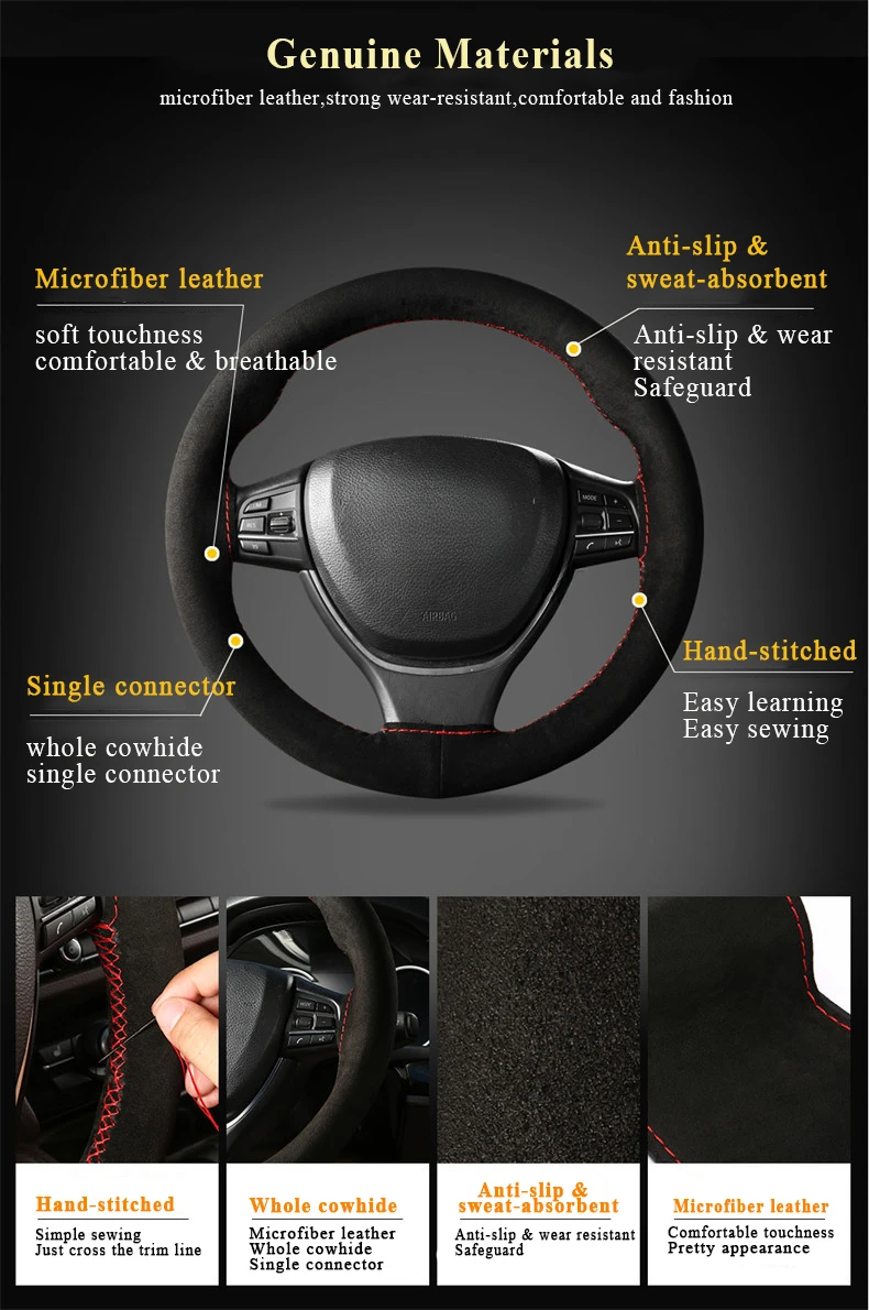 Wildleder-Lenkradbezug für Auto, universell, 38 cm, geflochtener Schutz, Leder, rutschfest, Innenteile – Detail 4