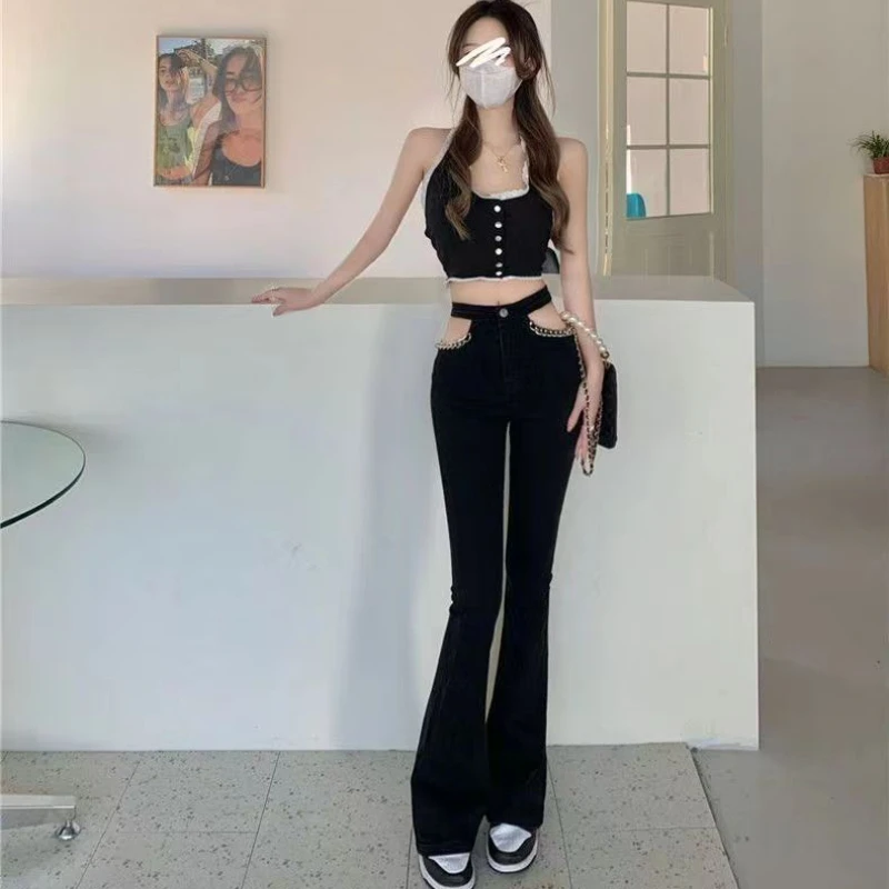 Solid Color Casual Fashion Women's Jeans Hollow Out High Waist Denim Trousers Slim Flare Pants