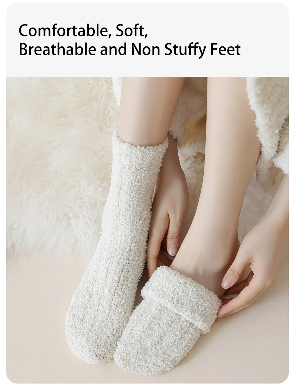 5 Paar Damen Herbst/Winter einfarbig einfache süße Korallen-Samt-Haussocken Schlafsocken mit dicker Samt-Wärme-Mittelsocken – Detail 4