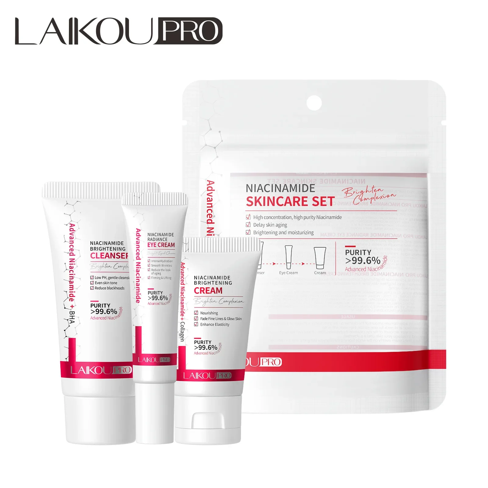 3pcs Niacinamide Skin Care Sets Facial Cleanser Face Cream Serum Facial Eye Essence Moisturizing Hydrating Face Care Kit LAIKOU