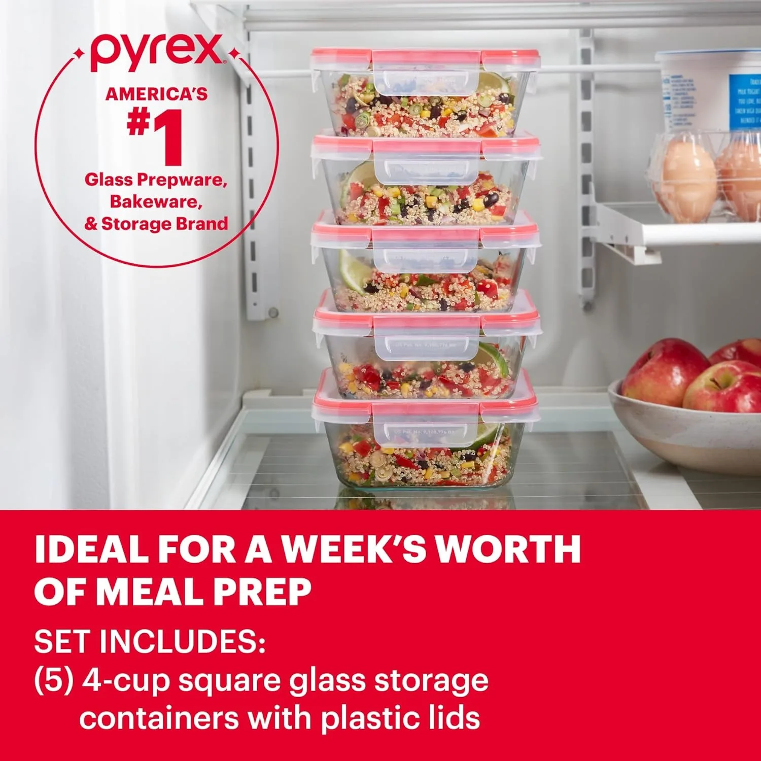 Pyrex Freshlock 10-Pieces 4-Cup Glass Food Storage Containers Set Airtight & Leakproof Locking Lids Freezer Dishwasher Microwave 2