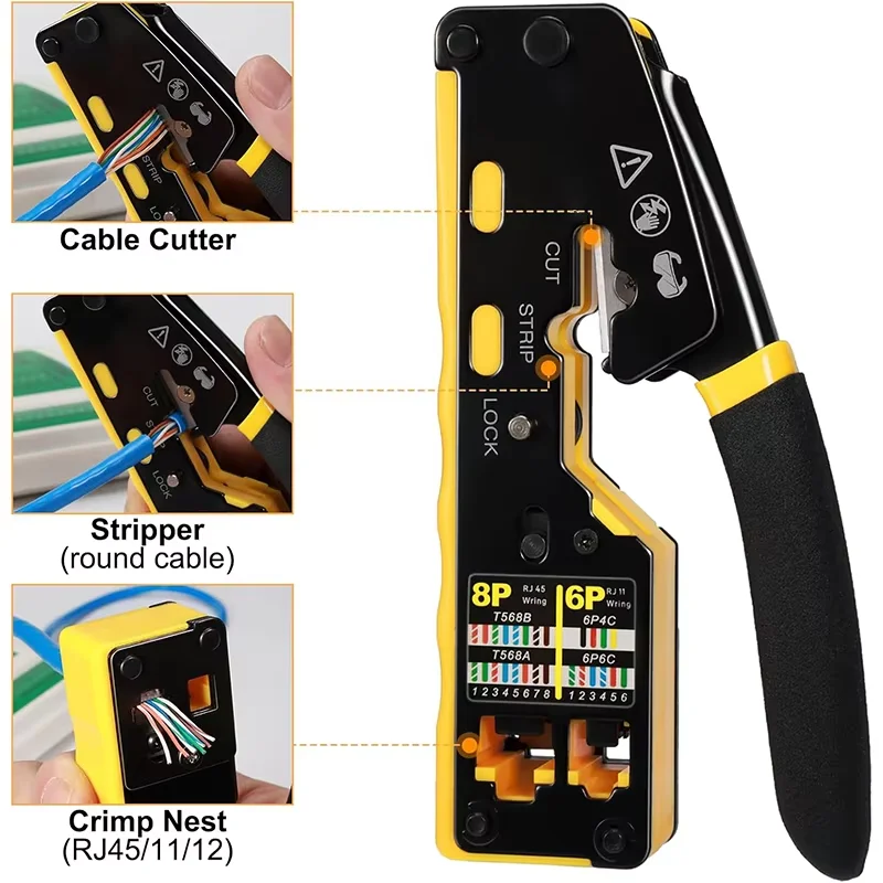 RJ45 Network Crimper Pass Through Multifunction Ethernet Crimping Pliers Crimp/Cut/Strip for Cat6 Cat5 Cat5e RJ45 Connectors